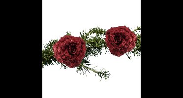 2x stuks kerstboomversiering bloem op clip rode glitter roos 18 cm