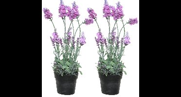 2x stuks lavendel kunstplant in pot - roze paars - D18 x H38 cm