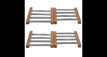 2x Stuks uitschuifbare/verstelbare pannen onderzetter bamboe/RVS 21 x 22 cm