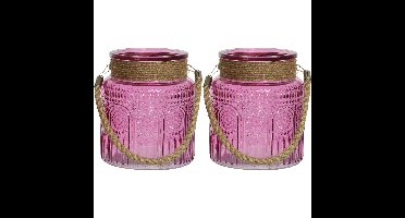 2x stuks windlichten/lantaarns relief - glas - D14 x H16 cm - fuchsia roze