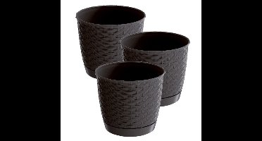 3x stuks ronde gevlochten plantenpotten/bloempotten kunststof dia 19 cm en hoogte 16.5 cm donkerbrui