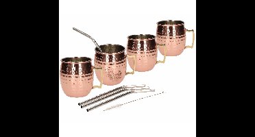 4x Cocktailbeker/cocktailglas Moscow Mule set gehamerd koper 450 ml met RVS rietjes