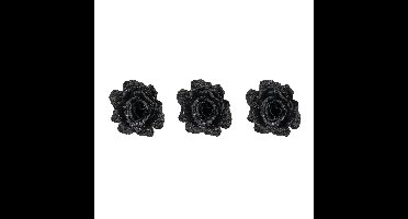 4x stuks decoratie bloemen roos zwart glitter op clip 10 cm