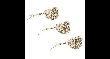6x stuks decoratie vogels op clip glitter champagne 12 cm