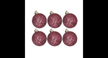 6x stuks kunststof glitter kerstballen aubergine roze 6 cm