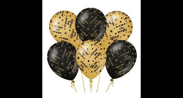 6x stuks luxe pensioen feest/party ballonnen - goud/zwart - latex - ca 30 cm