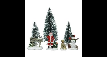 7x stuks kerstdorp accessoires figuurtjes/poppetjes en kerstboompje