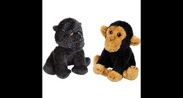 Apen serie zachte pluche knuffels 2x stuks - Gorilla en Chimpansee aap van 15 cm