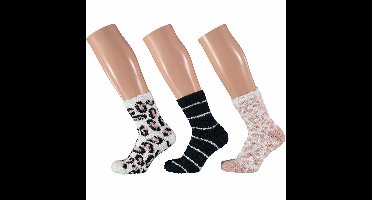 Apollo Dames fluffy bedsokken/huissokken - 3-pak animal/stripe - maat 36-41