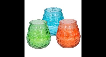 Arti Casa 6x stuks citronella Lowboy tafelkaarsen - 10 cm - blauw-oranje-groen glas