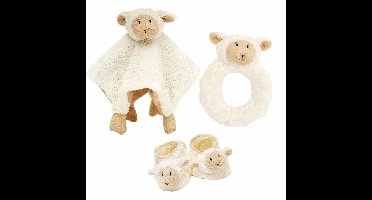 Baby cadeau setje rammelaar, slofjes en tuttel doekje van Lammy het lammetje