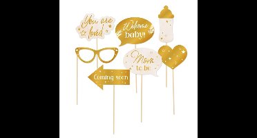 Babyshower foto prop set - 14-delig - goud/wit - kraamfeest/geboorte - photo booth accessoires