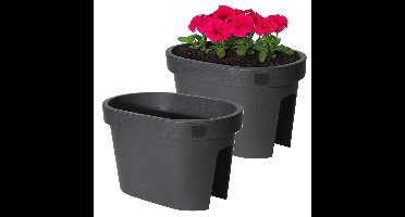 Balkon plantenpot/bloempot - 2x - antraciet - 40 x 25 cm - ovaal - kunststof