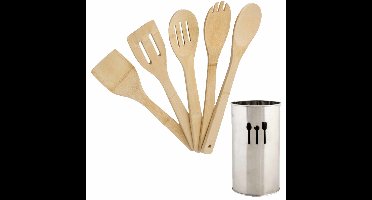 Bamboe hout keuken spatelsset 5-delig met metalen houder