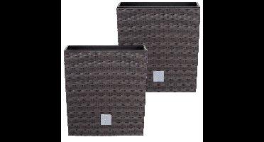 Bloempot/plantenpot Rato - 2x - rotan look - met binnenpot - bruin - 26 x 26 x 27 cm - kunststof