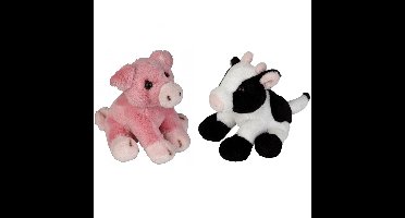 Boerderij dieren zachte pluche knuffels 2x stuks - Varken en Koe - van 15 cm