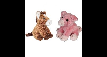Boerderij dieren zachte pluche knuffels 2x stuks - Varken en Paard van 15 cm