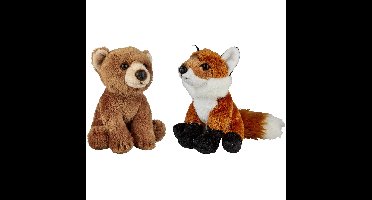 Bosdieren zachte pluche knuffels 2x stuks - Vos en Bruine Beer van 15 cm