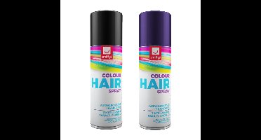 Carnaval verkleed hoofdhaar verf/spuitspray - zwart en paars - spuitbussen - 125 ml p/st