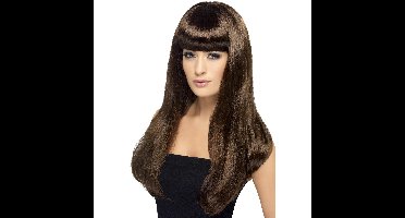 Carnaval verkleed pruik - bruin - dames - stijl lang haar - pony - synthetisch - damespruik