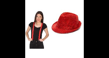 Carnaval verkleed set glitter hoed en bretels rood