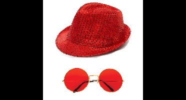 Carnaval verkleed set glitter hoed en ronde party bril rood