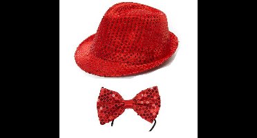 Carnaval verkleed set glitter hoed en strikje rood