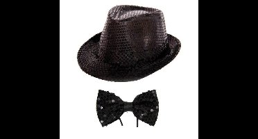 Carnaval verkleed set glitter hoed en strikje zwart