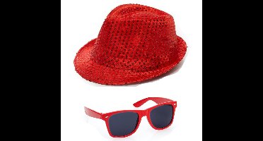 Carnaval verkleed set hoed en bril rood glitters