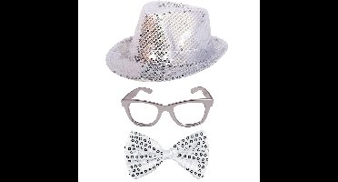 Carnaval verkleed set hoed-strikje-bril zilver glitters