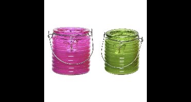 Citronella kaars - 2x - in windlicht - roze en groen - 20 branduren - citrusgeur