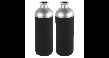 Countryfield Bloemen/deco vaas - 2x - zwart/zilver - glas - luxe fles vorm - D11 x H33 cm