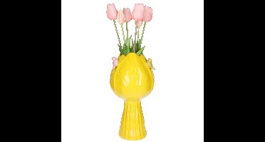 Countryfield vaas Tulip - tulpen vorm - vogeltjes - steen - geel - 18 x 32 cm