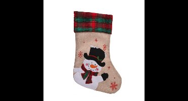 Decoratie kerstsok - met sneeuwpop - H42 cm - jute/polyester