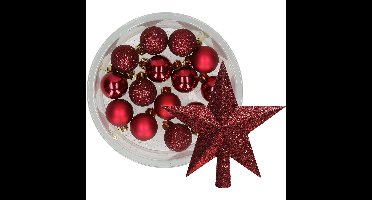 Decoris 14x stuks kerstballen 3 cm met ster piek bordeaux rood kunststof