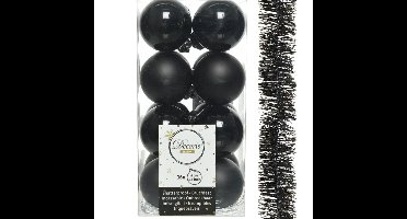 Decoris 16x stuks kerstballen 4 cm met slinger zwart kunststof