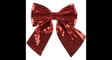 Decoris Decoratie strik - rood - pailletten - 20 x 24 cm - polyester