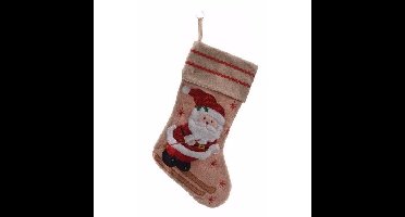 Decoris kerst sok met kerstman - bruin - jute - H45 cm - kerstversiering - kerstdecoratie