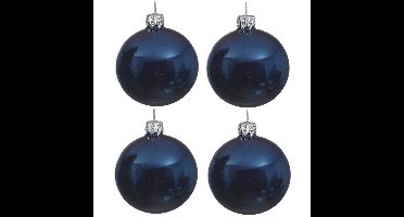 Decoris kerstballen - 4x st - donkerblauw - D10 cm - glas - glans - kerstversiering