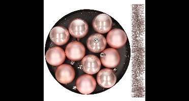 Decoris kerstballen 6 cm en slinger 13x stuks - lichtroze - kunststof