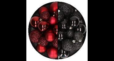Decoris kerstballen 60x stuks - mix donkerrood/zwart - 4-5-6 cm - kunststof
