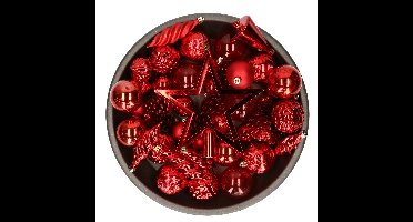Decoris kerstballen, ornamenten en piek set - 60-delig - rood - kunststof