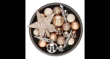 Decoris kerstballen set - 34-dlg - bruin/wit/zilver - incl. piek - kunststof - kerstversiering