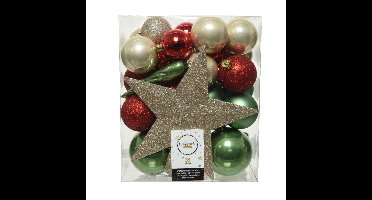Decoris kerstballen set - 34-dlg - champagne/rood/groen - incl. piek - kunststof - kerstversiering