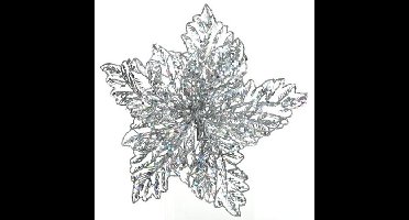 Decoris kerstboomversiering - glitter bloem - 23 cm - zilver - op clip - kerstbloem