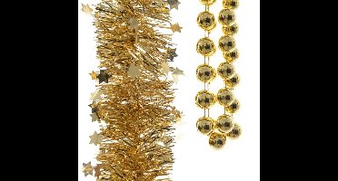 Decoris Kerstslingers - 3x stuks - goud - kralenslinger - folie slingers - sterren - kerstversiering