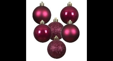 Decoris Kleine kerstballen - 28x - kunststof - donkerroze - 3 cm - kerstversiering