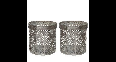 Decoris Waxinelicht houders set - 4x - metaal - grijs - bloemenpatroon - Windlichtjes - kaarsenhoude