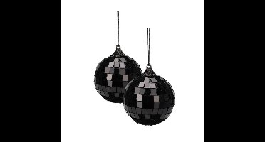 Discobal kerstbal / spiegel kerstbal- 2x st - zwart - 8 cm - kunststof