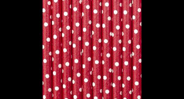 Drinkrietjes - papier - 10x - rood/wit polkadots - 19,5 cm - rietjes